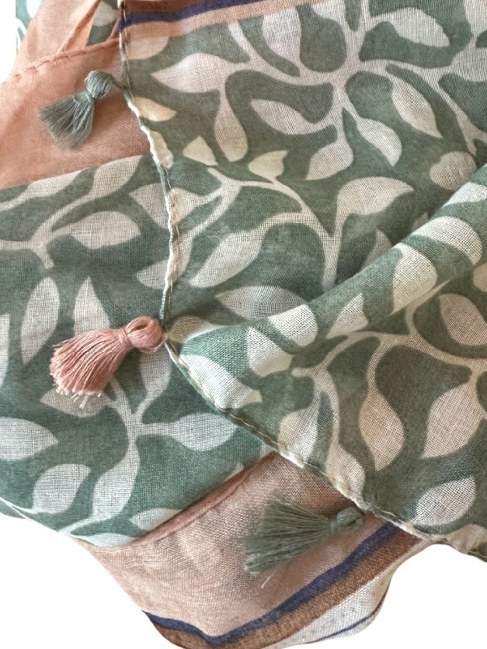 Sage Green Botanical Scarf Tassel Trim Lightweight Oversized Wrap Shawl - Picture 4 of 4